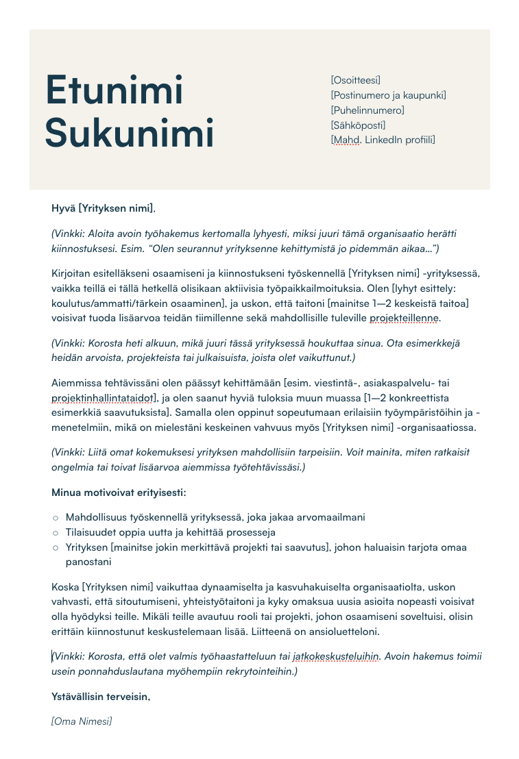 ladattava avoin työhakemus pohja