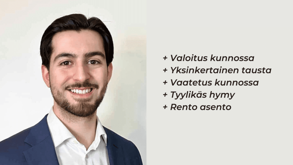 esimerkki hyvästä hymyilevästä cv kuvasta infografiikka