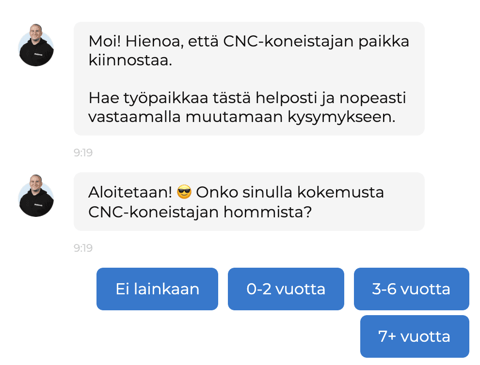 Esimerkki chatbotin hyödyntämisestä digirekrytoinnissa