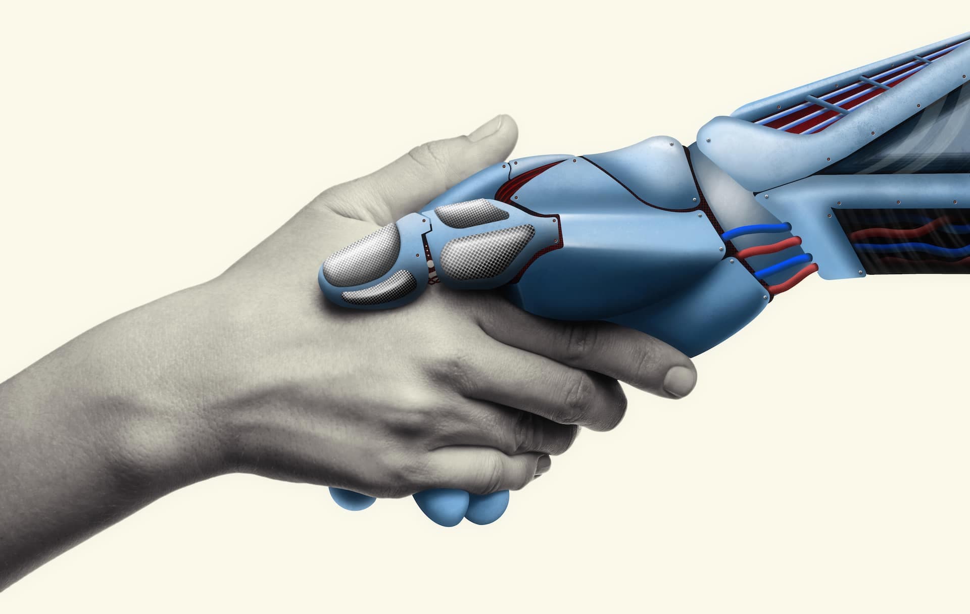 Ihmisen käsi ja sininen robottikäsi kättelevät vaalealla taustalla.