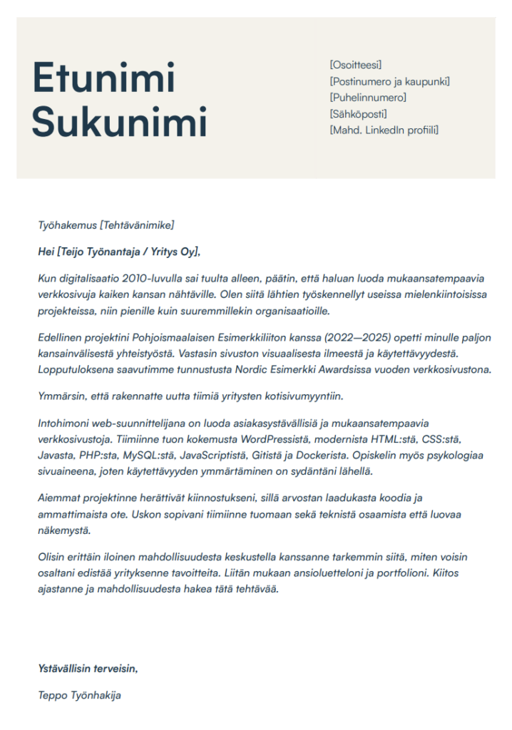esimerkki työhakemuskirje